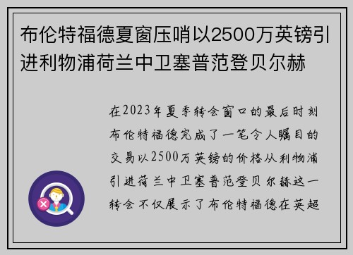 布伦特福德夏窗压哨以2500万英镑引进利物浦荷兰中卫塞普范登贝尔赫