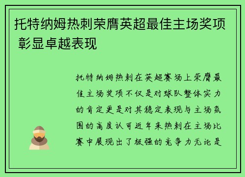 托特纳姆热刺荣膺英超最佳主场奖项 彰显卓越表现