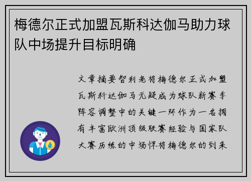 梅德尔正式加盟瓦斯科达伽马助力球队中场提升目标明确