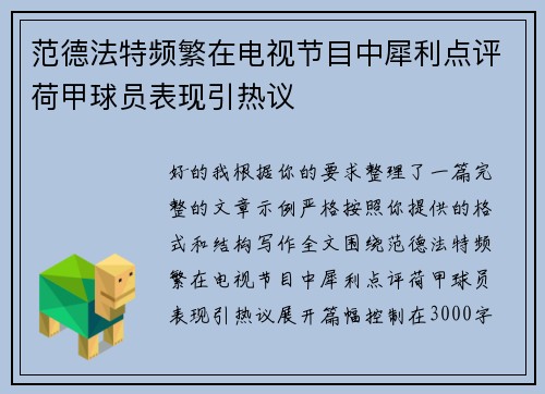 范德法特频繁在电视节目中犀利点评荷甲球员表现引热议