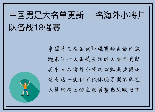 中国男足大名单更新 三名海外小将归队备战18强赛