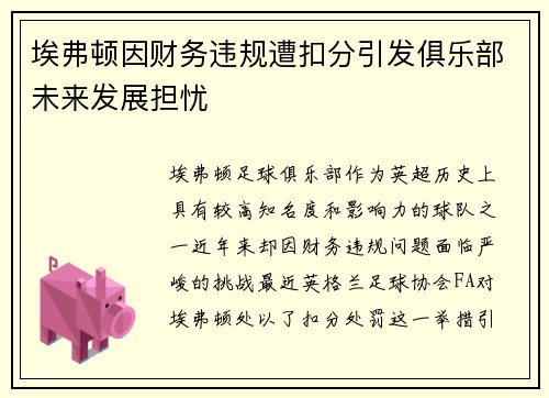 埃弗顿因财务违规遭扣分引发俱乐部未来发展担忧
